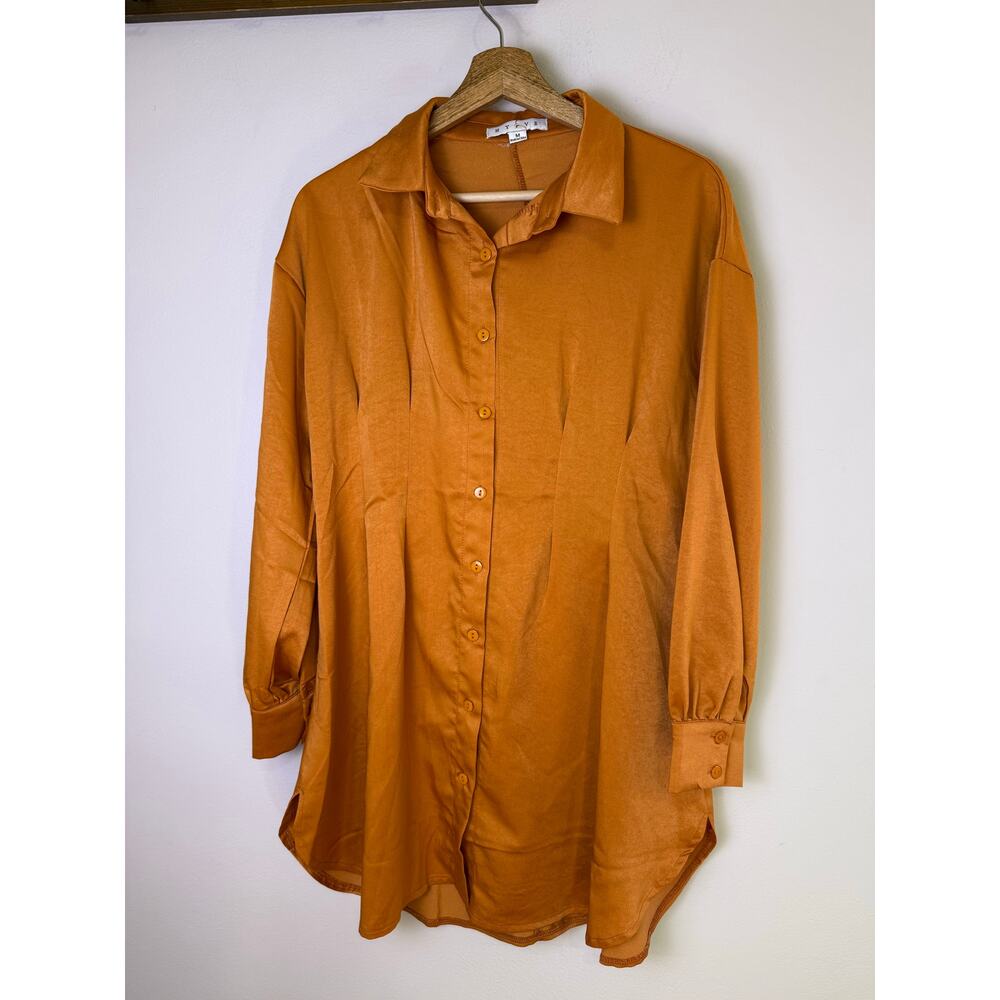 HYFVE Anthro Orange Button Up Tunic Blouse Medium Oversized Fall Collared Top